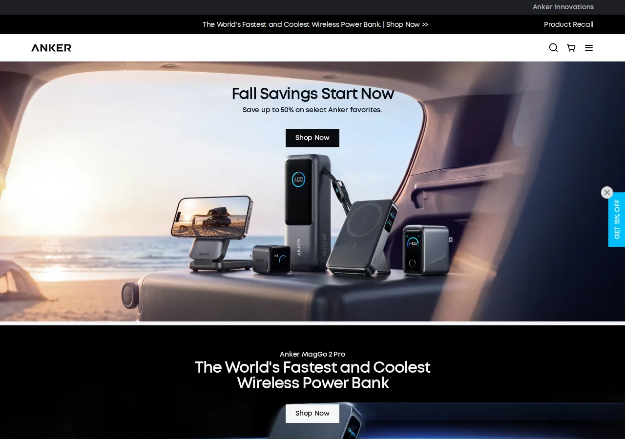 Screenshot of the Anker home page showing a Fall Savings banner with power banks, a MagSafe stand and a wall charger