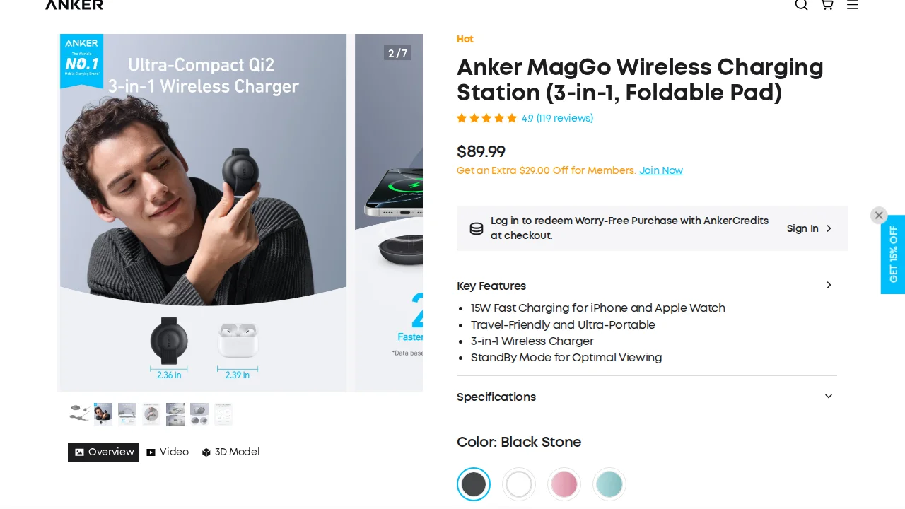 The Anker MagGo 3-in-1 Wireless Charging Station product page with a compact foldable pad