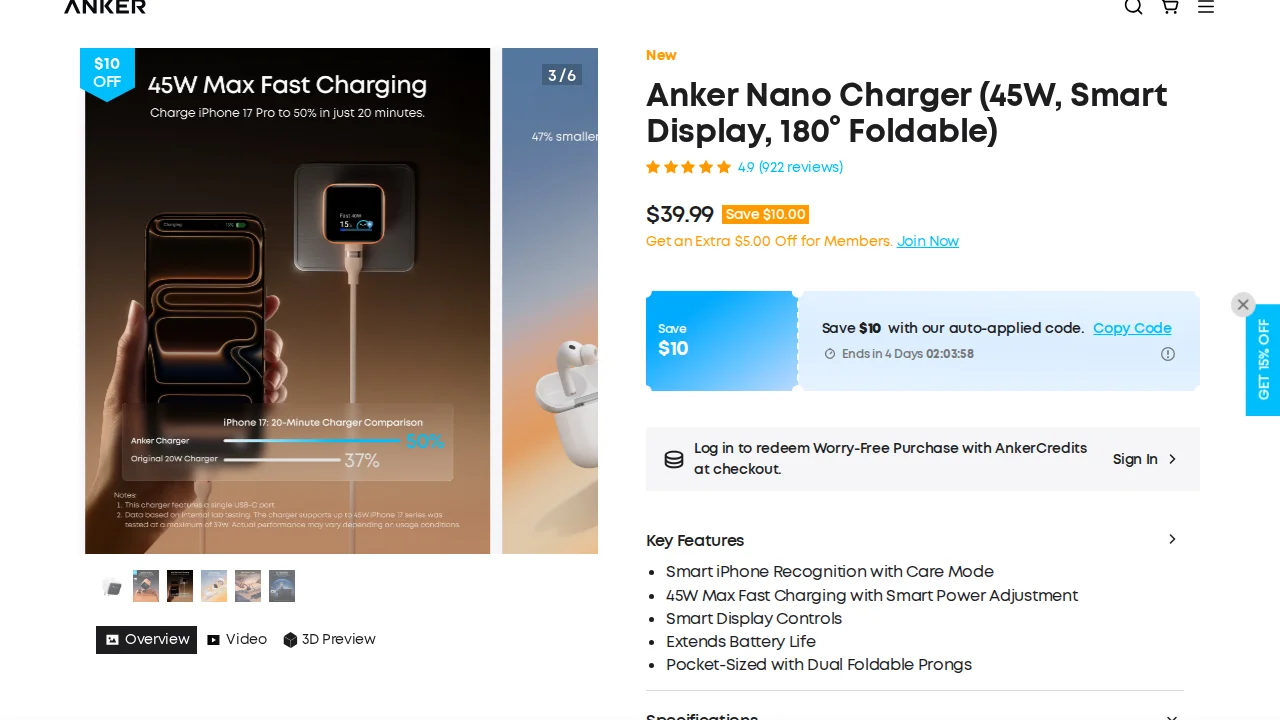 The Anker Nano Charger 45W product page with the foldable charger and a 20-minute charging comparison