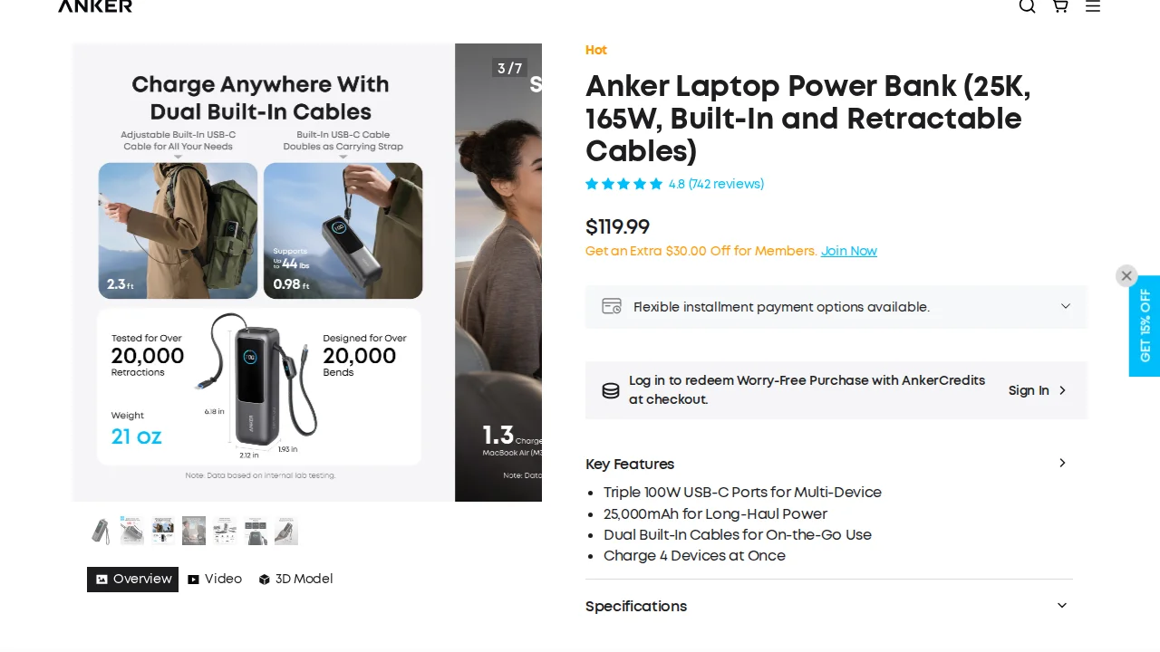 The Anker Laptop Power Bank 25K 165W product page with built-in cables and a charge-time chart
