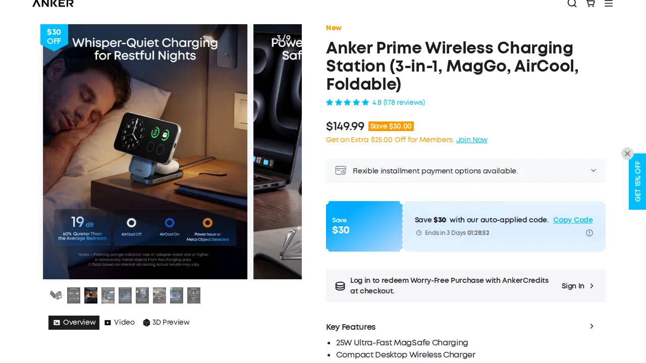 The Anker Prime 3-in-1 Wireless Charging Station product page showing compatible Apple devices