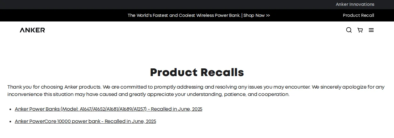 The Anker Product Recalls page listing two power bank recalls from 2025