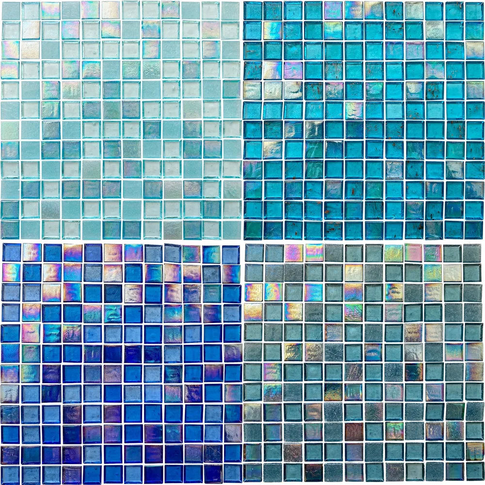 Four AquaBlu house-brand glass mosaic blends in blues and teals: Amalfi, Mahana, Santorini and Harbour