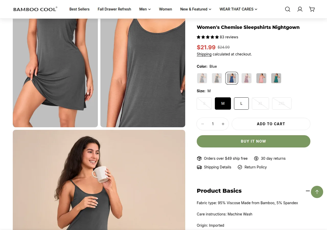 The Bamboo Cool Women's Chemise Sleepshirts Nightgown product page with a price of $21.99, 83 reviews and a fabric line of 95% viscose made from bamboo