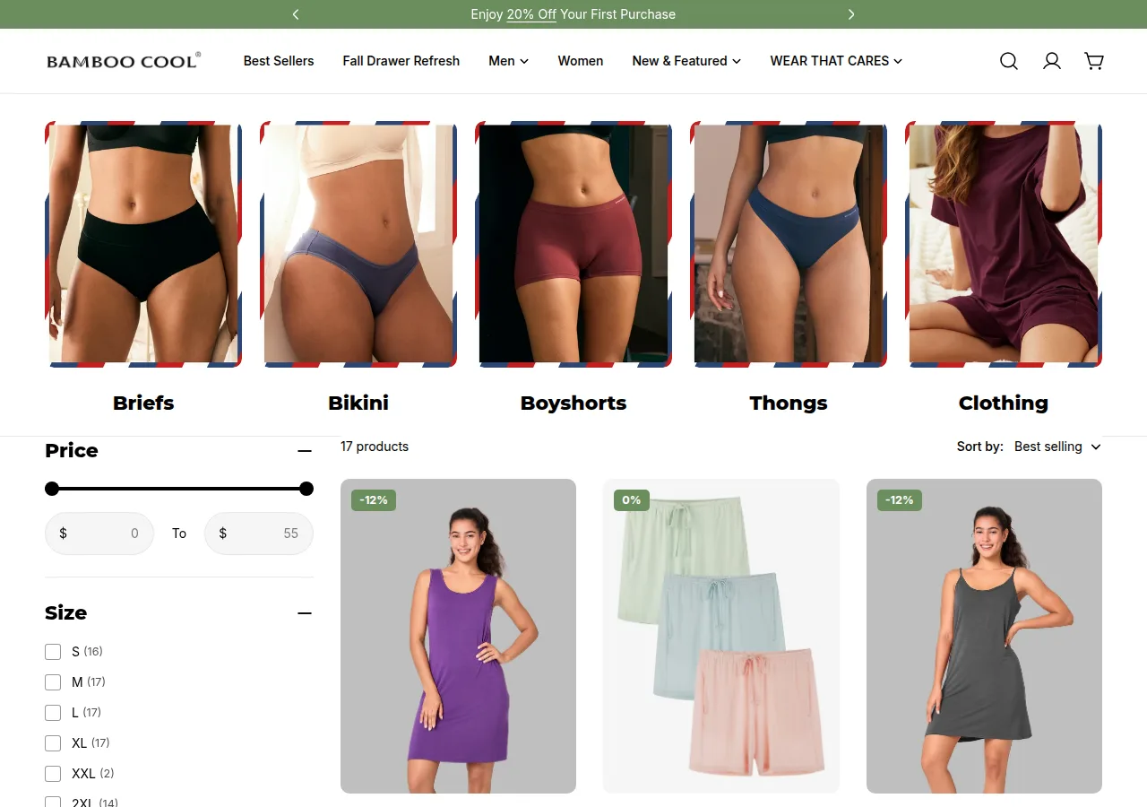 Screenshot of the Bamboo Cool Women's Clothing and Lounge collection sorted by best selling, showing a purple tank nightgown, three pajama shorts and a grey chemise nightgown