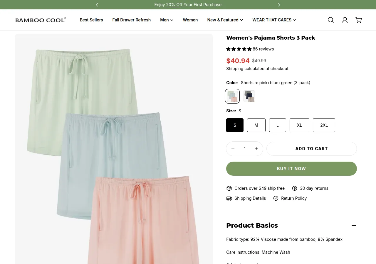 The Bamboo Cool Women's Pajama Shorts 3 Pack product page showing 86 reviews, a price of $40.94 and three drawstring shorts