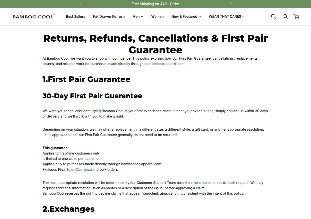 The Bamboo Cool Returns, Refunds, Cancellations and First Pair Guarantee policy page