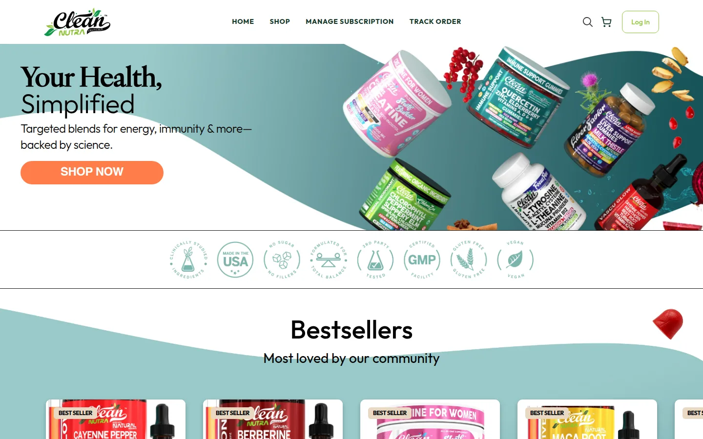 Screenshot of the Clean Nutra home page showing the Your Health, Simplified banner, supplement bottles and badges for made in USA, third-party tested and GMP certified facility