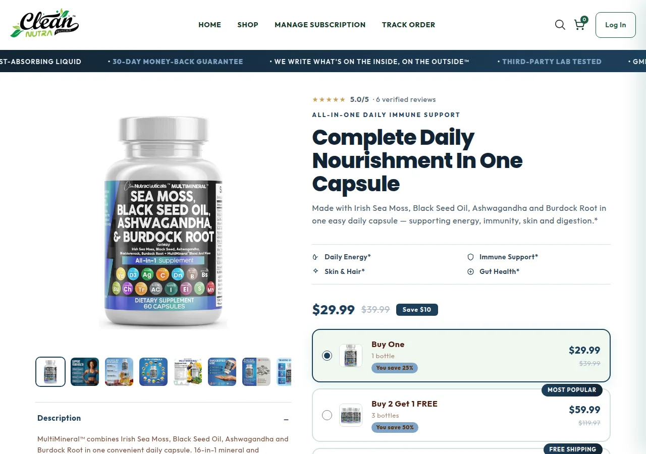 The Clean Nutra MultiMineral product page showing a 60-capsule bottle at $29.99 and bundle options