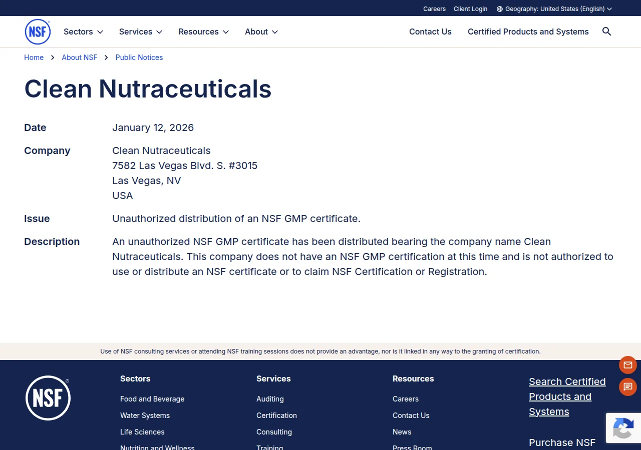 NSF International public notice dated 12 January 2026 about Clean Nutraceuticals and an unauthorized NSF GMP certificate