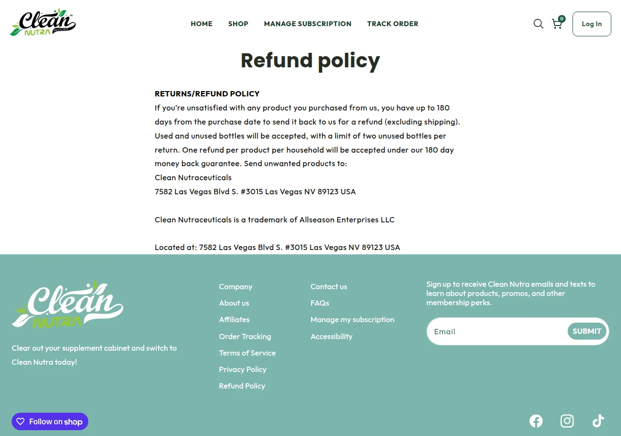 The Clean Nutra refund policy page offering up to 180 days for a refund, excluding shipping