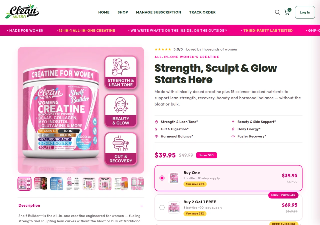 The Clean Nutra Shelf Builder product page showing the creatine for women powder at $39.95