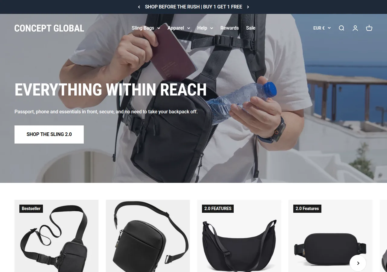 Screenshot of the Concept Global home page showing the Everything Within Reach banner with a person putting a passport into a sling bag, and the sling bag range below
