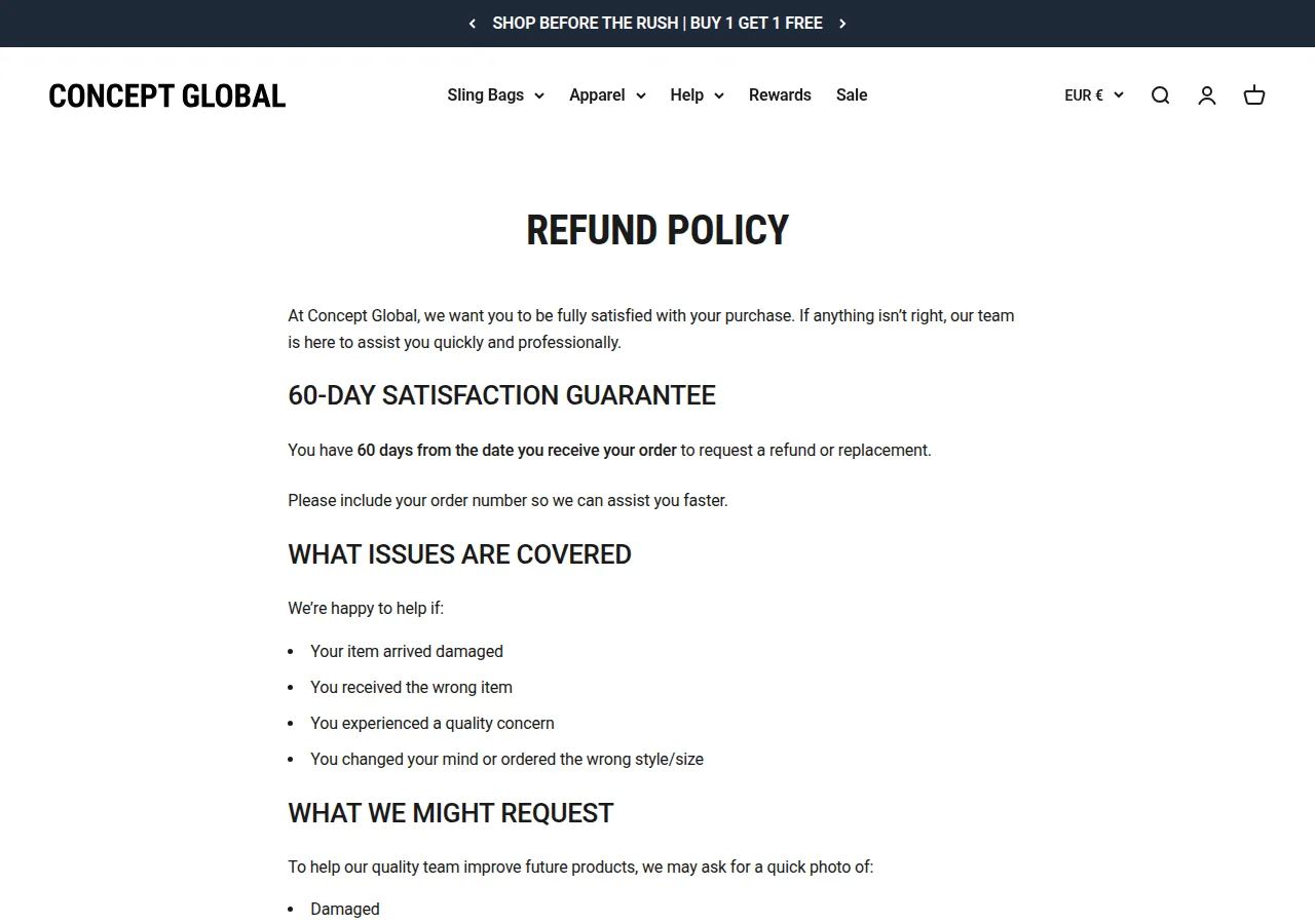 The Concept Global refund policy page showing a 60-day satisfaction guarantee