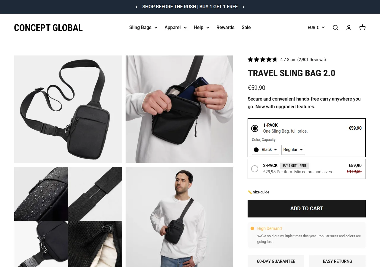 The Concept Global Travel Sling Bag 2.0 product page showing the price, size options and a buy one get one free pack