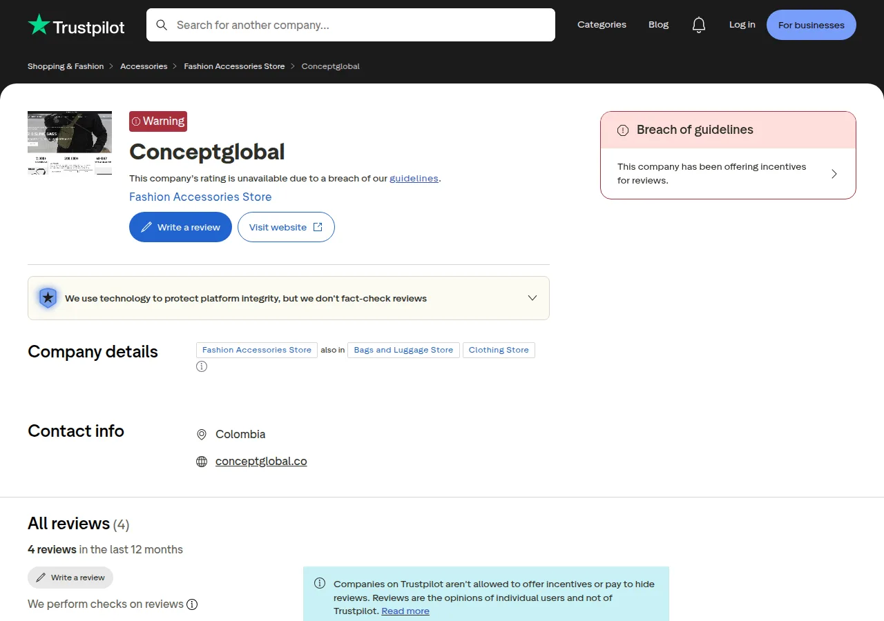 The Trustpilot page for conceptglobal.co showing a breach of guidelines warning