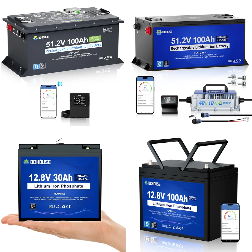 Four DC HOUSE products: the SENTRY G100 48V battery, a 48V 100Ah battery with charger, a 12V 30Ah battery and a 12V 100Ah battery