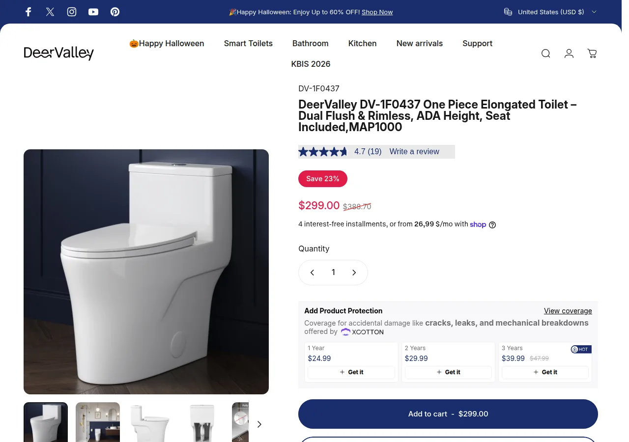 The DeerValley DV-1F0437 one-piece elongated toilet product page with a $299.00 price and a 4.7 rating from 19 reviews