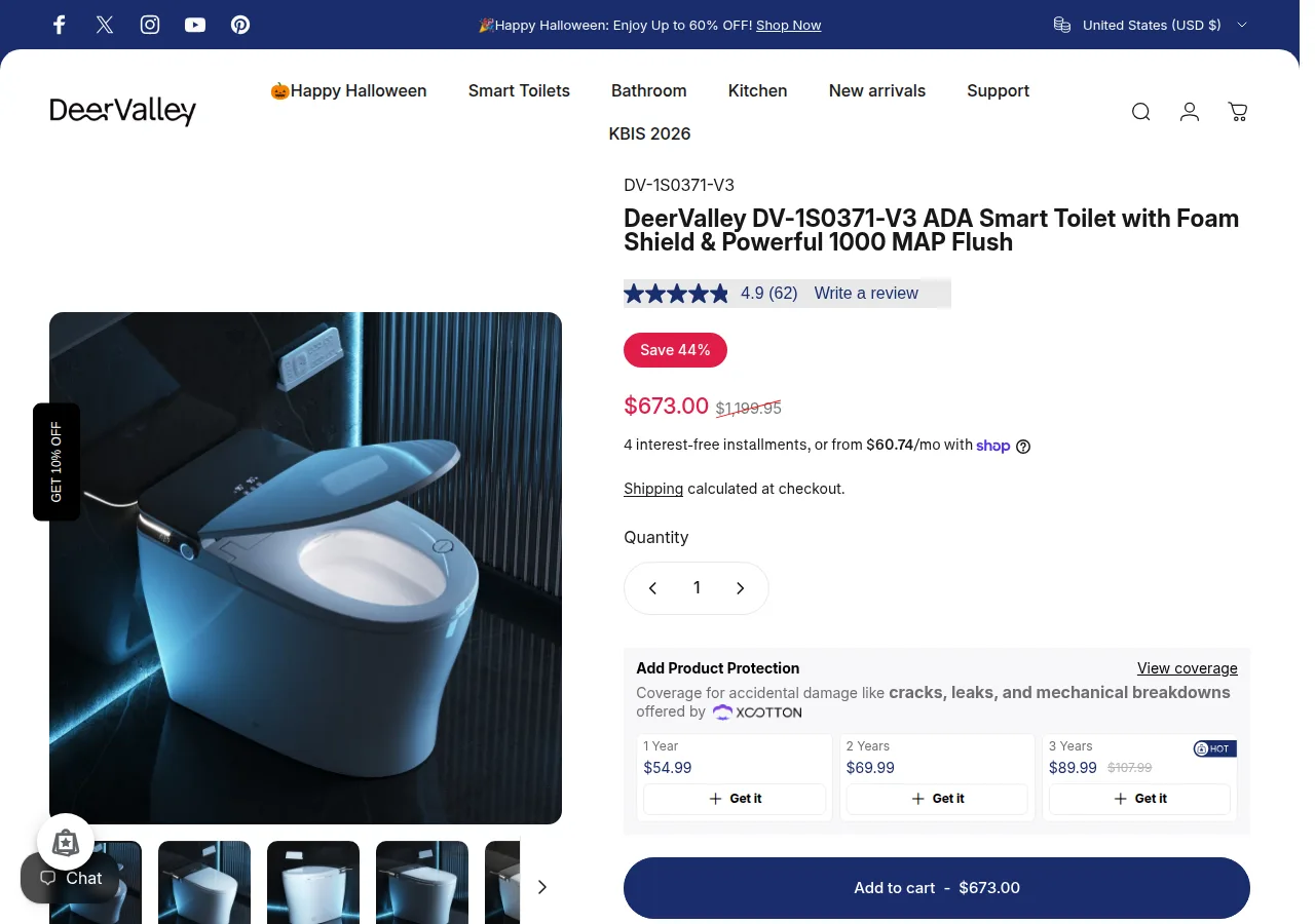 Screenshot of the DeerValley DV-1S0371-V3 ADA smart toilet product page showing a $673.00 sale price and a 4.9 rating from 62 reviews