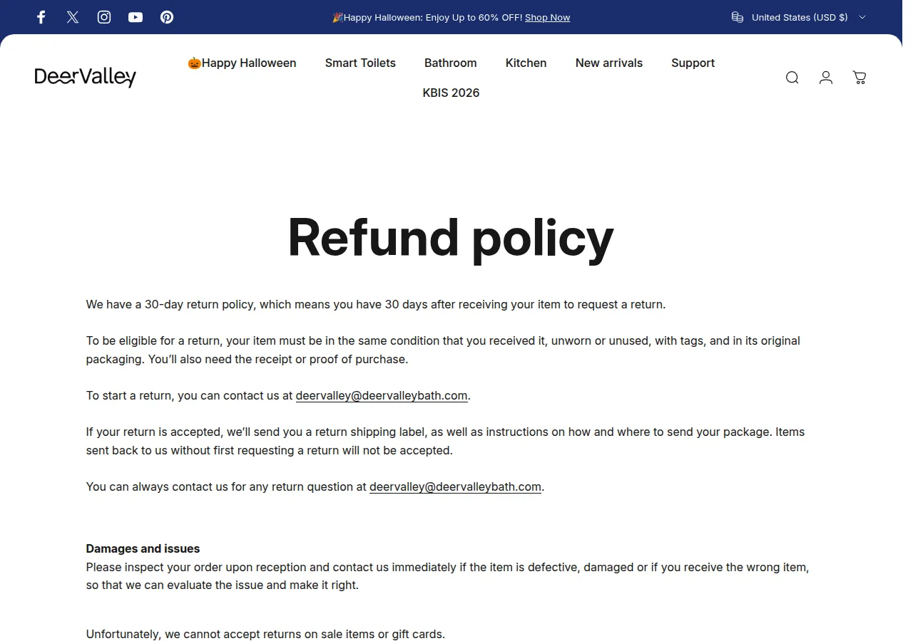 The DeerValley Refund policy page stating that returns on sale items and gift cards are not accepted
