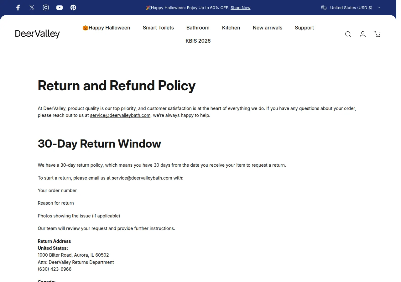 The DeerValley Return and Refund Policy page with the 30-day return window