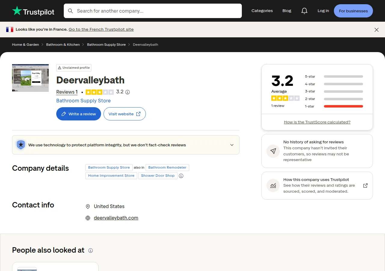 The Trustpilot page for deervalleybath.com showing 3.2 from 1 review, an unclaimed profile