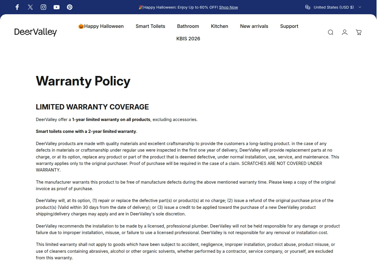 The DeerValley Warranty Policy page showing a 1-year limited warranty and 2 years on smart toilets