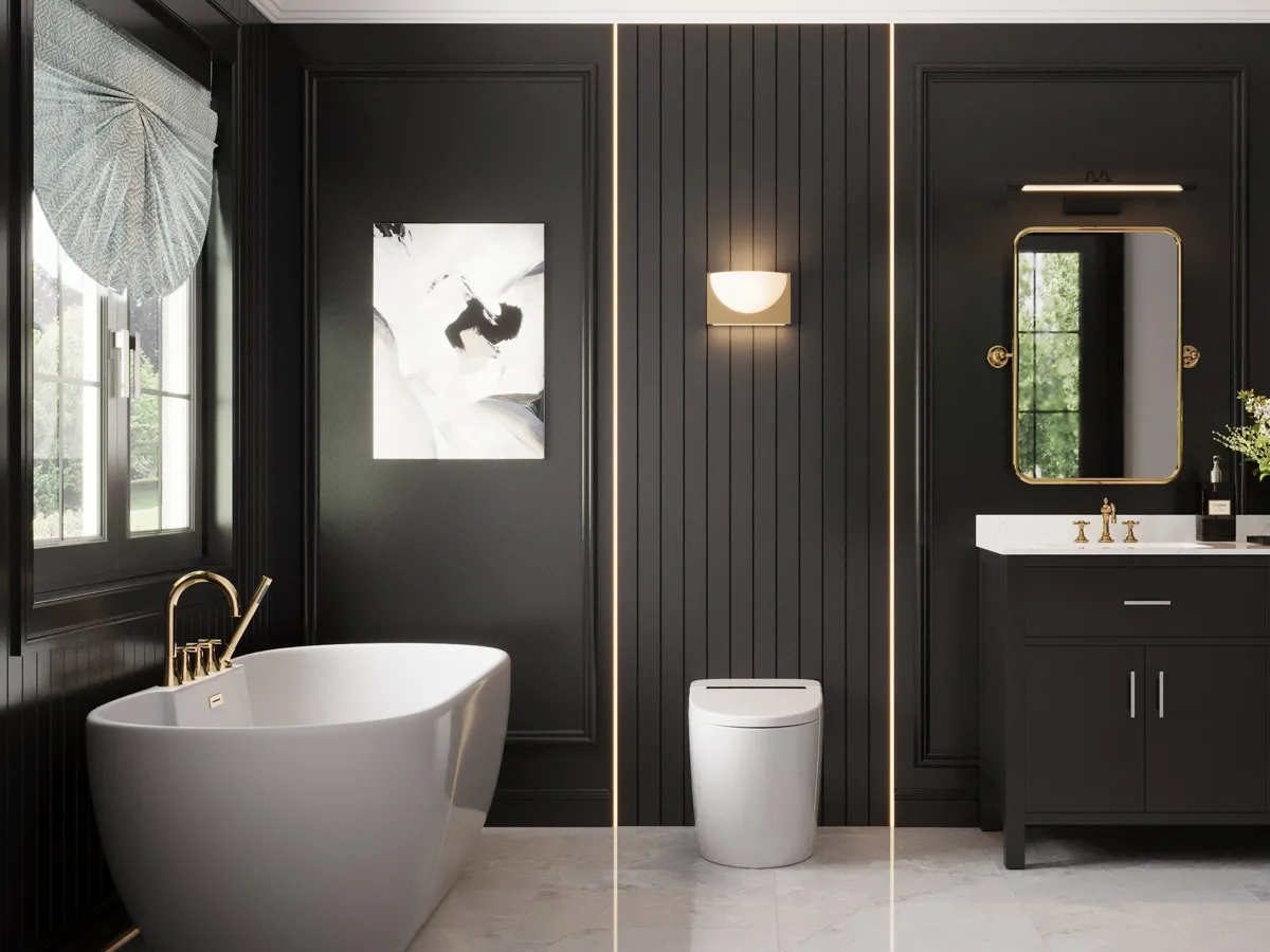 DV-1S0159-V3 shown in a dark styled bathroom with a freestanding tub and vanity