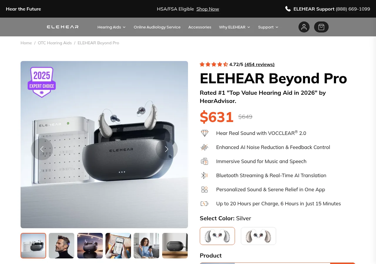The ELEHEAR Beyond Pro product page with a price of $631, 4.72 out of 5 and 454 reviews
