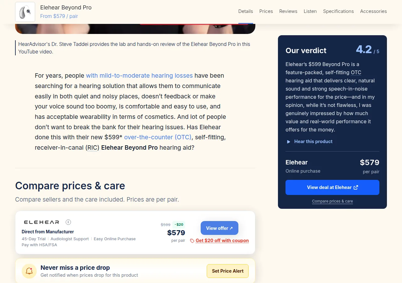 The HearingTracker review page for the Elehear Beyond Pro with the lab review text and a verdict box
