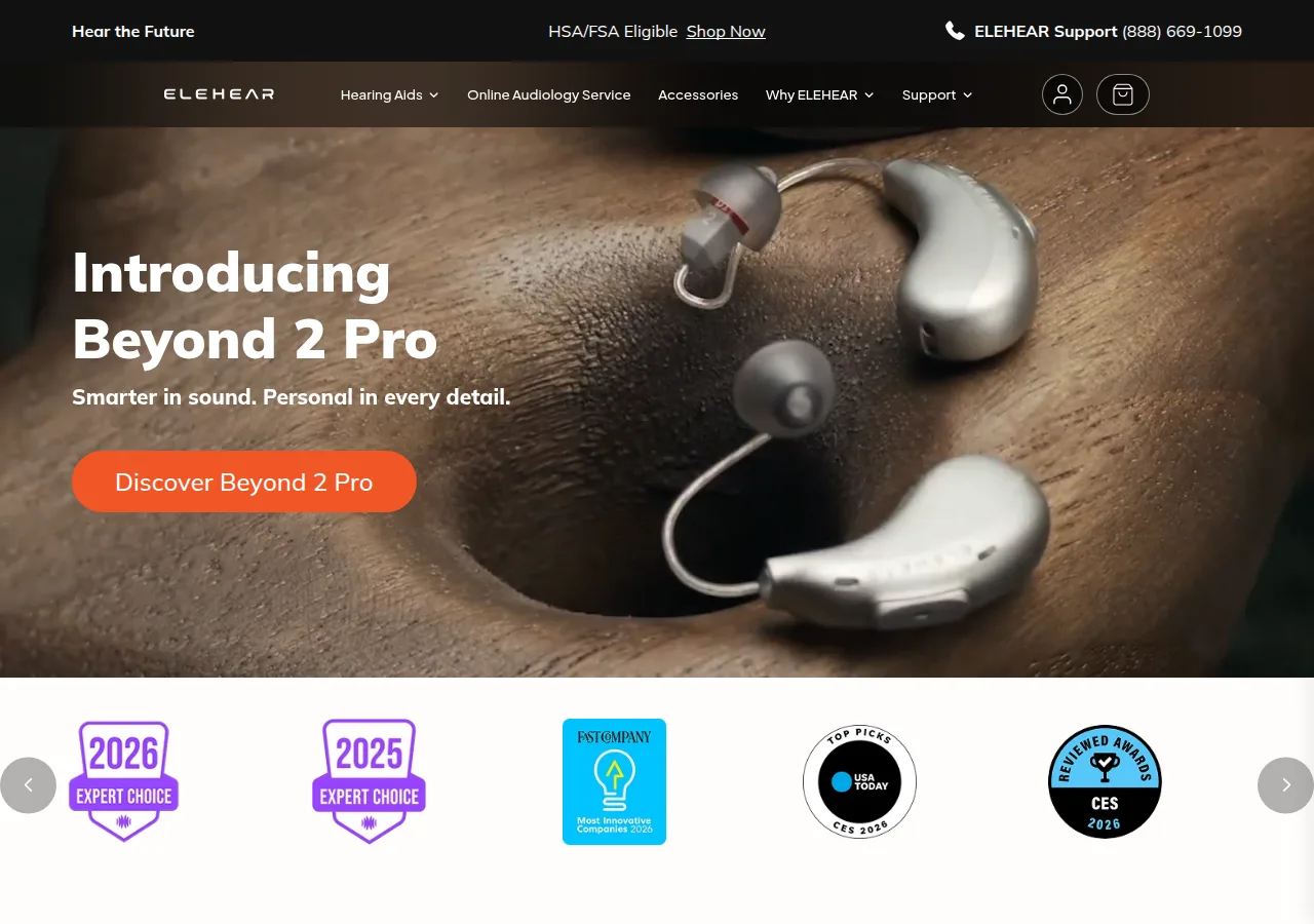 Screenshot of the ELEHEAR home page showing a pair of silver receiver-in-canal hearing aids under the Introducing Beyond 2 Pro heading
