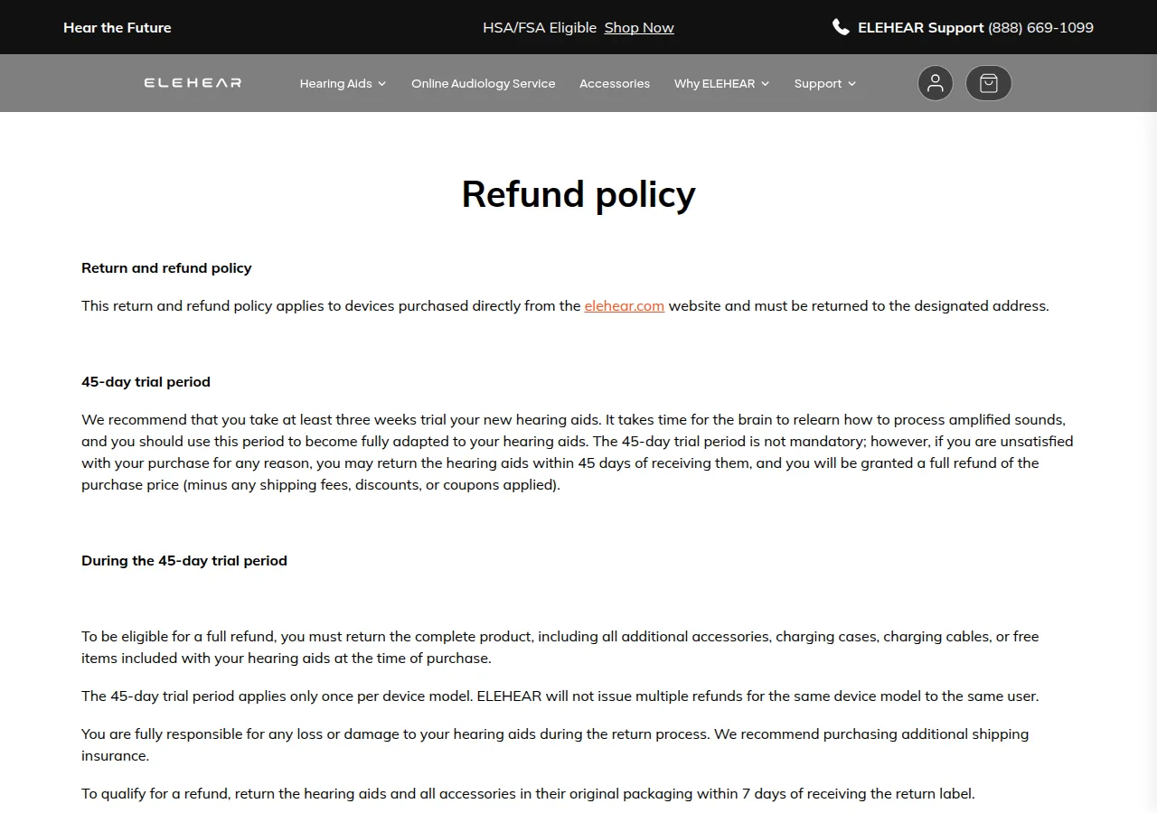 The ELEHEAR refund policy page describing the 45-day trial period