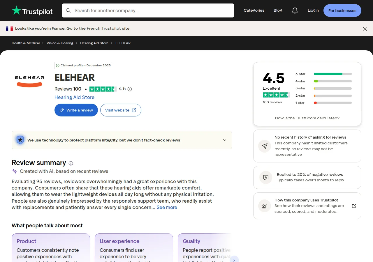 The Trustpilot page for ELEHEAR showing a 4.5 rating from 100 reviews