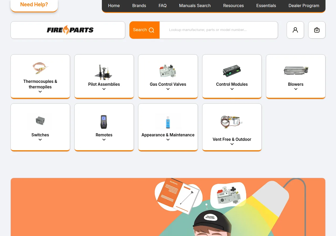Screenshot of the Fire-Parts.com home page showing the part search box and categories such as pilot assemblies, gas control valves and control modules