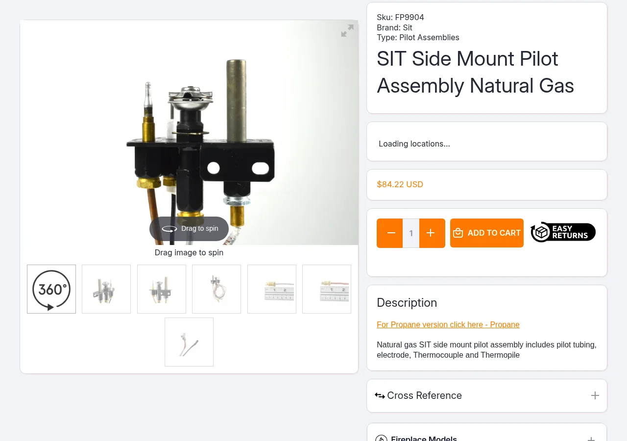 The Fire-Parts.com product page for the SIT Side Mount Pilot Assembly Natural Gas, SKU FP9904, priced at $84.22