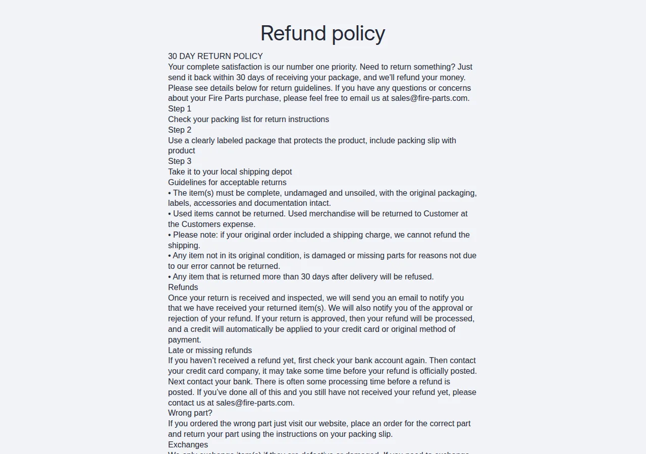 The Fire-Parts.com refund policy page starting with the 30-day return policy and return guidelines