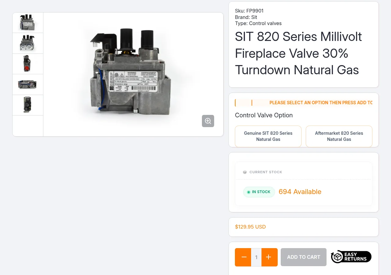 The Fire-Parts.com product page for the SIT 820 Series Millivolt Fireplace Valve showing the genuine and aftermarket options and a $129.95 price