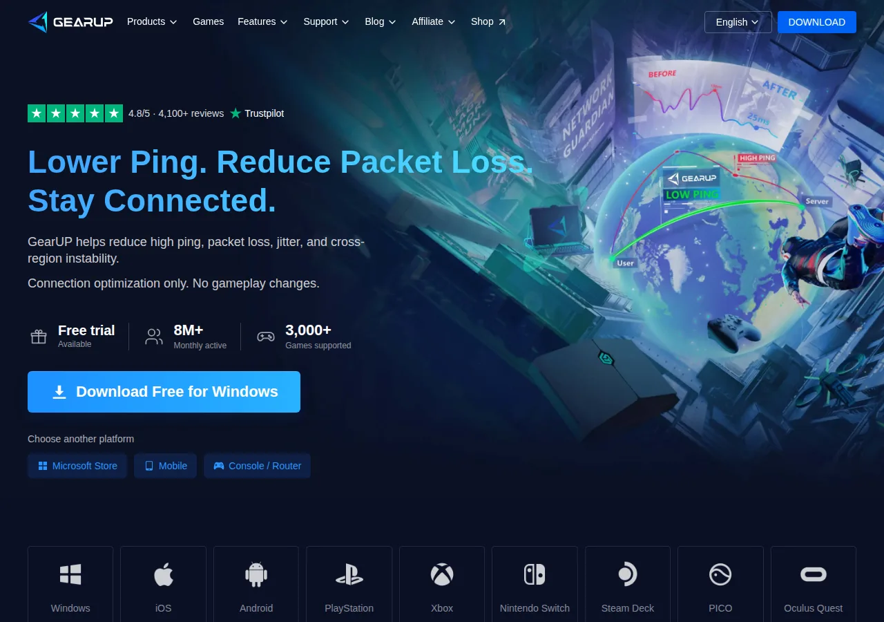 Screenshot of the GearUP home page showing the heading Lower Ping, Reduce Packet Loss, Stay Connected with a Download Free for Windows button