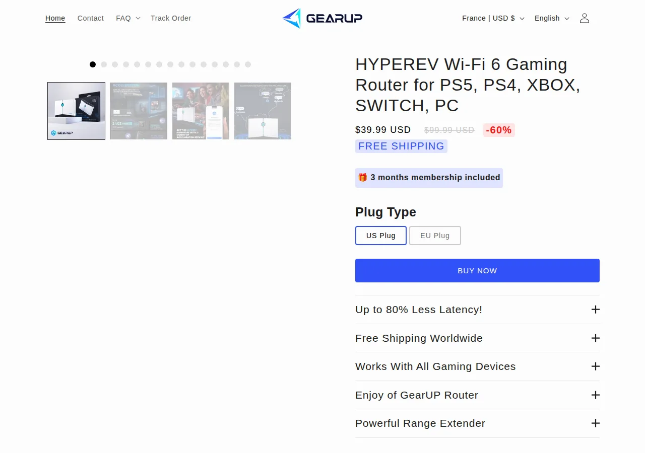 The GearUP shop page for the HYPEREV Wi-Fi 6 gaming router at $39.99 with 3 months membership included