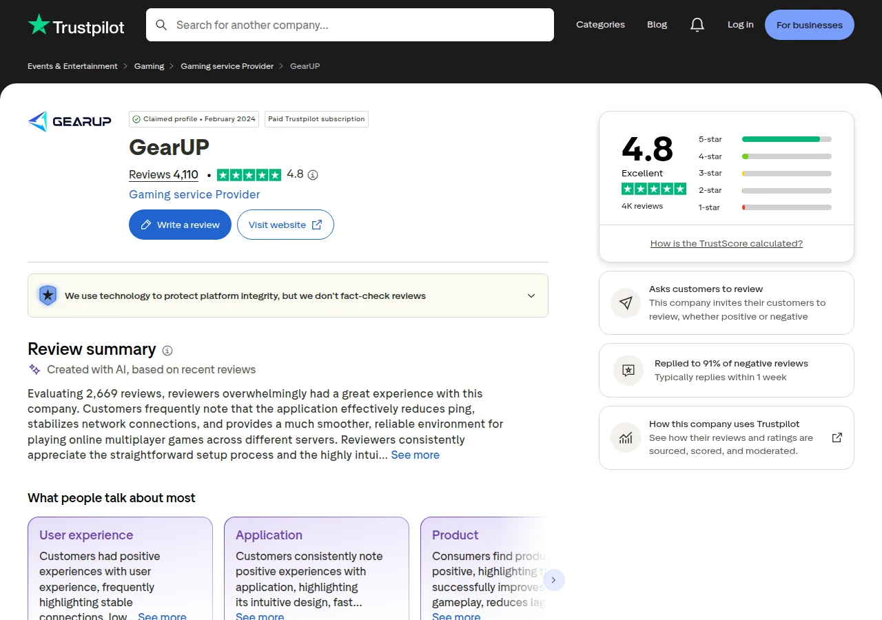 The Trustpilot profile for GearUP showing a 4.8 rating from 4,110 reviews
