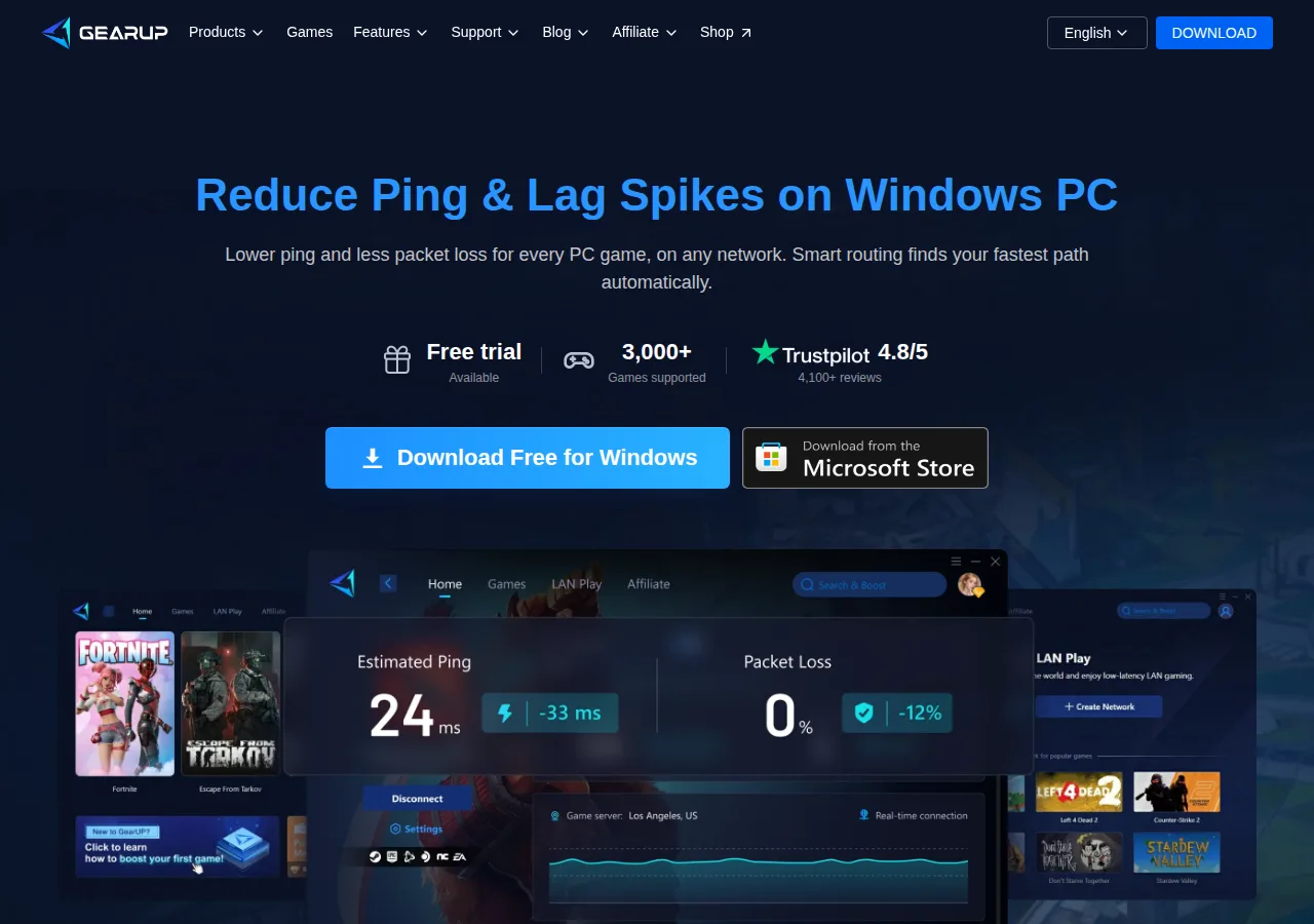 The GearUP for Windows page with a Download Free for Windows button and an app mock-up showing estimated ping and packet loss