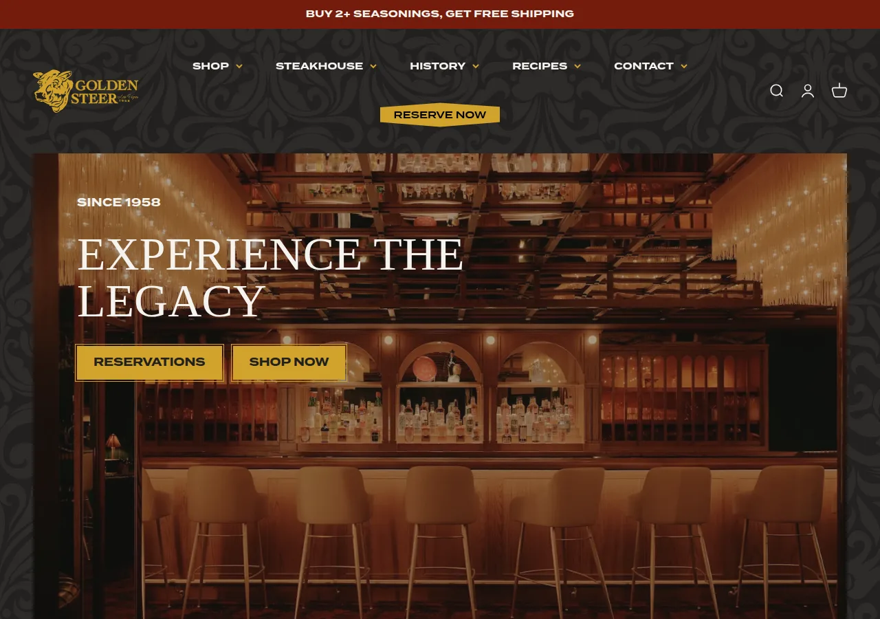 Screenshot of the Golden Steer home page showing the steakhouse bar interior under the Experience the Legacy heading