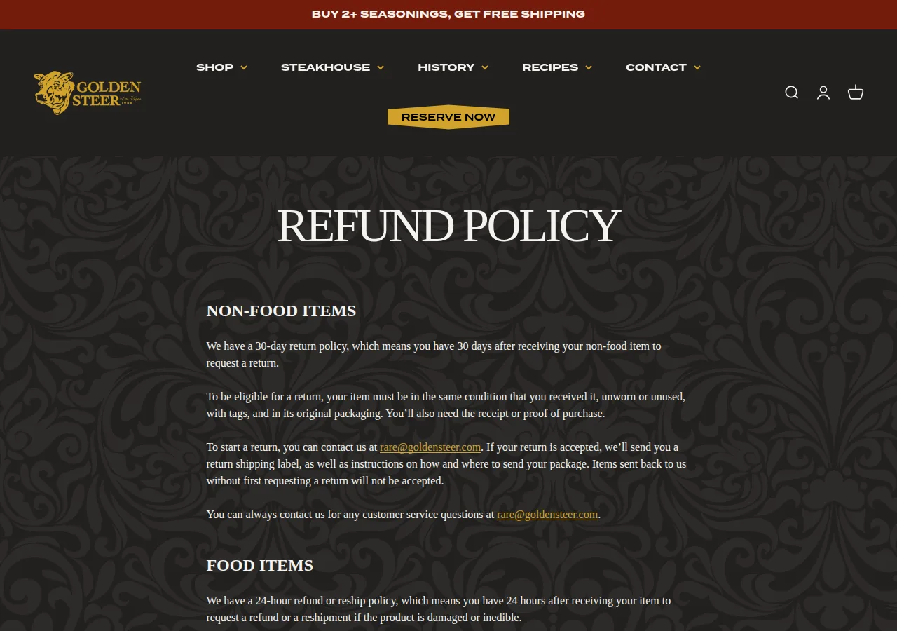 The Golden Steer refund policy page showing the 30-day return policy for non-food items and the 24-hour policy for food