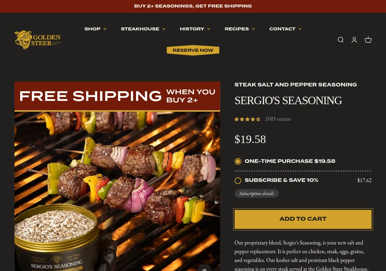 The Golden Steer Sergio's Seasoning product page with a $19.58 price and 1,003 reviews
