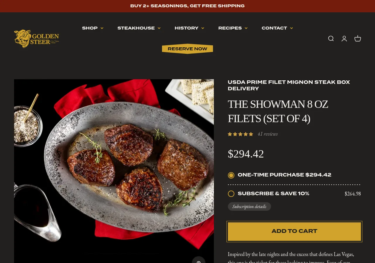 The Golden Steer Showman 8 oz filets product page with a $294.42 price and four seared filets on a plate