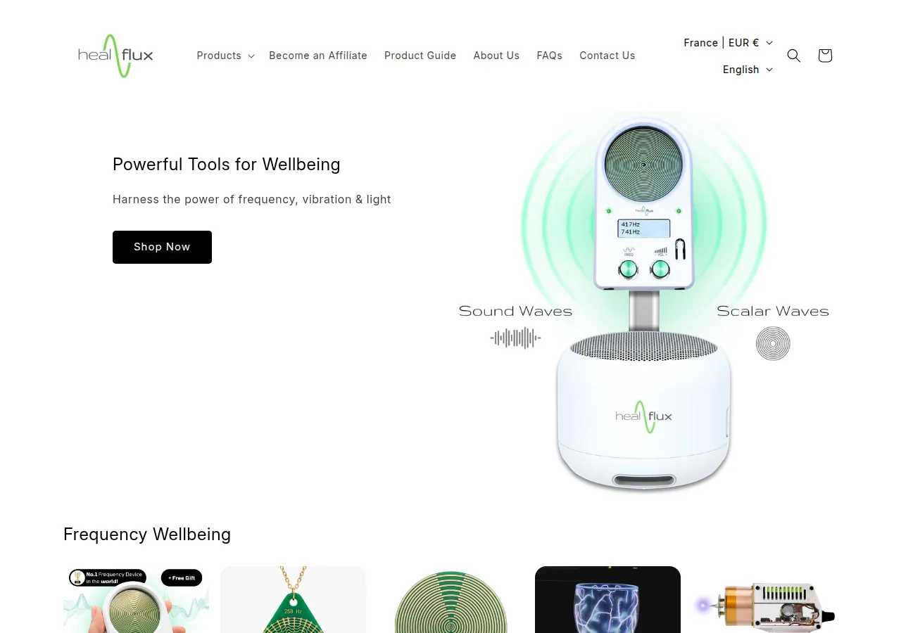 Screenshot of the Healflux home page showing the headline Powerful Tools for Wellbeing and a frequency device with a speaker