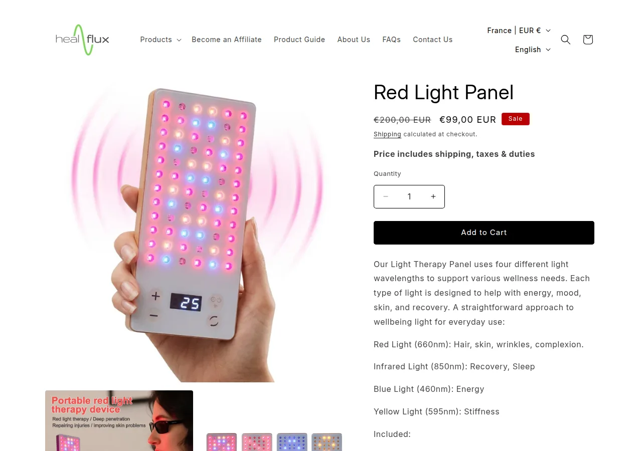 The Healflux Red Light Panel product page with a EUR 99 price and a handheld panel with coloured lights