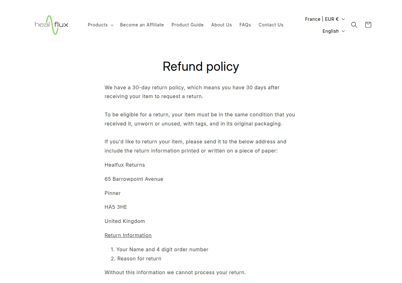 The Healflux refund policy page headed Refund policy describing a 30-day return policy