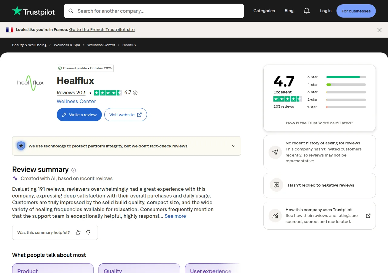 The Healflux Trustpilot page showing a 4.7 rating from 203 reviews and a claimed profile since October 2025