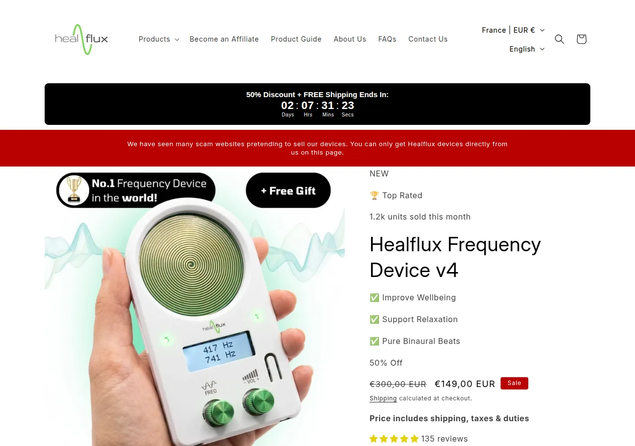 The Healflux Frequency Device v4 product page with a EUR 149 sale price, a countdown timer and 135 reviews